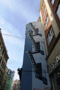 Fresque parcours BD street art Tintin, Milou et le capitaine Haddock Bruxelles.