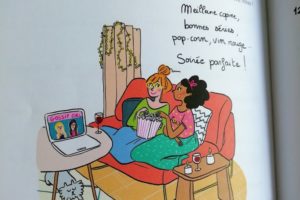 Illustration hygge de Marygribouille, meilleur copine, série, pop corn et vin rouge.