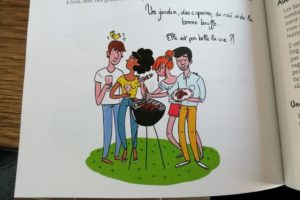 Illustration hygge de Marygribouille, jardin, copains, rosé et bonne bouffe.