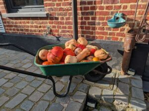Brouette de courges à l'entrée de l'auberge du Vert Mont